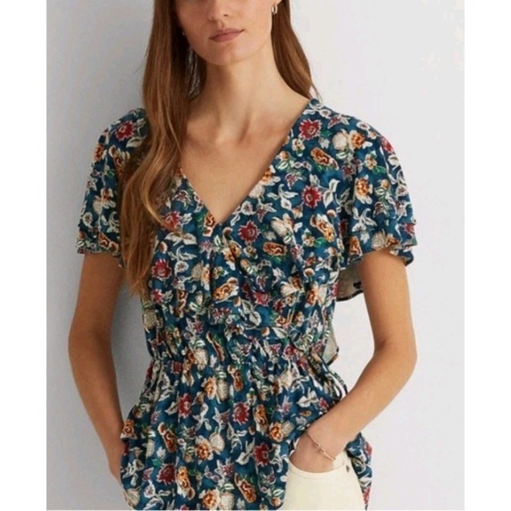 Lauren Ralph Lauren Teal Floral V-Neck Blouse
